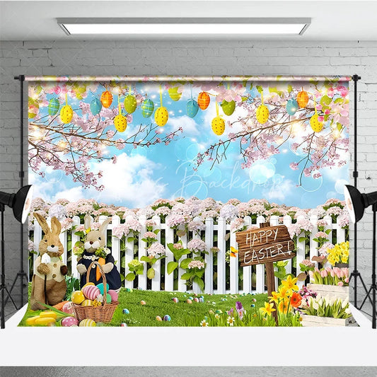 Lofaris Happy Easter Backdrop Bunnies and Basket in Flower Garden with White Fence Background Spring Nature Party Decor