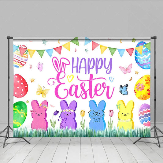 Lofaris Happy Easter Backdrop Colorful Bunny Peeps and Eggs with Butterfly Background Spring Watercolor Grass Party Decor
