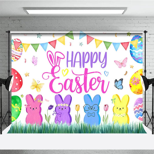 Lofaris Happy Easter Backdrop Colorful Bunny Peeps and Eggs with Butterfly Background Spring Watercolor Grass Party Decor