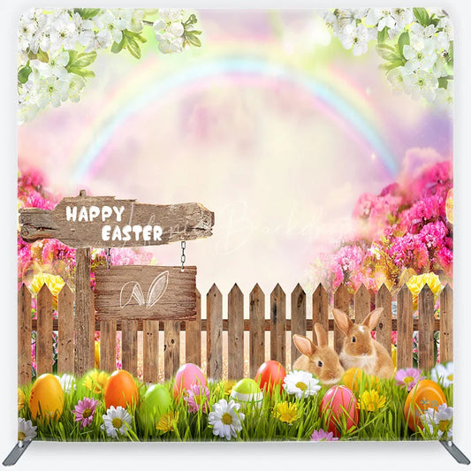 Lofaris Happy Easter Bunnies and Colorful Eggs Backdrop Spring Garden Rainbow Party Decor Tension Fabric