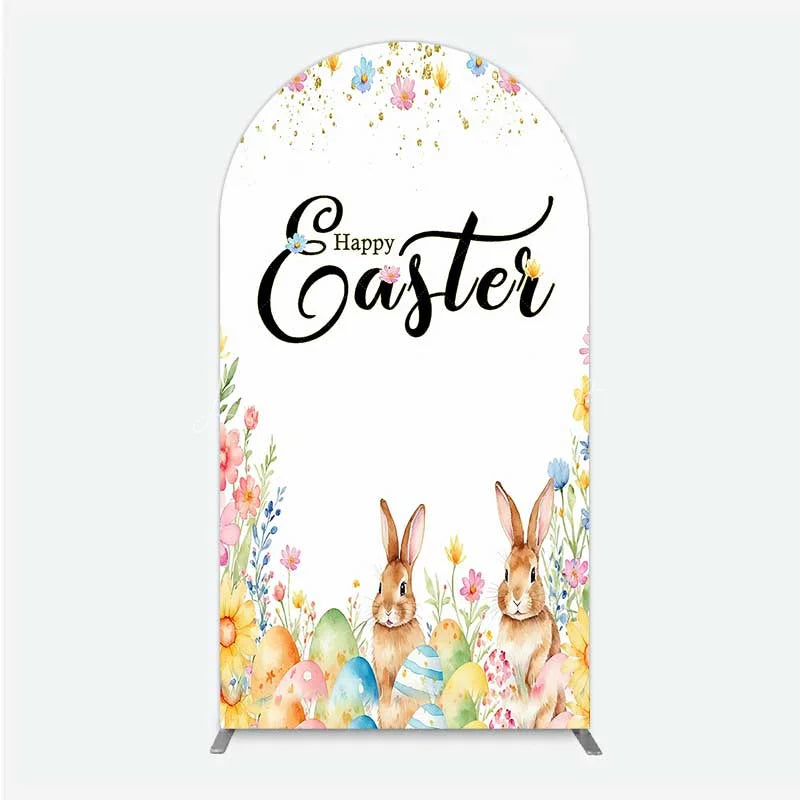 Lofaris Happy Easter Bunnies with Colorful Eggs and Flowers Arch Backdrop Gold Glitter Spring Party Decor
