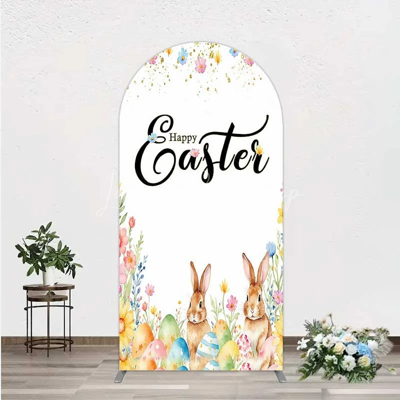 Lofaris Happy Easter Bunnies with Colorful Eggs and Flowers Arch Backdrop Gold Glitter Spring Party Decor