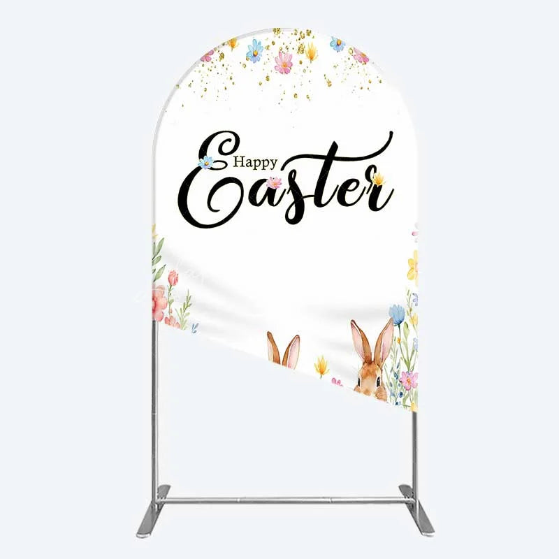 Lofaris Happy Easter Bunnies with Colorful Eggs and Flowers Arch Backdrop Gold Glitter Spring Party Decor