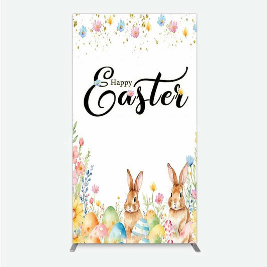 Lofaris Happy Easter Bunnies with Colorful Eggs and Flowers Rectangle Backdrop Gold Glitter Spring Party Decor