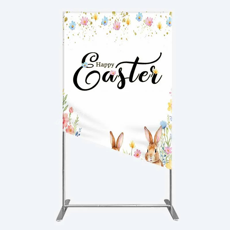 Lofaris Happy Easter Bunnies with Colorful Eggs and Flowers Rectangle Backdrop Gold Glitter Spring Party Decor