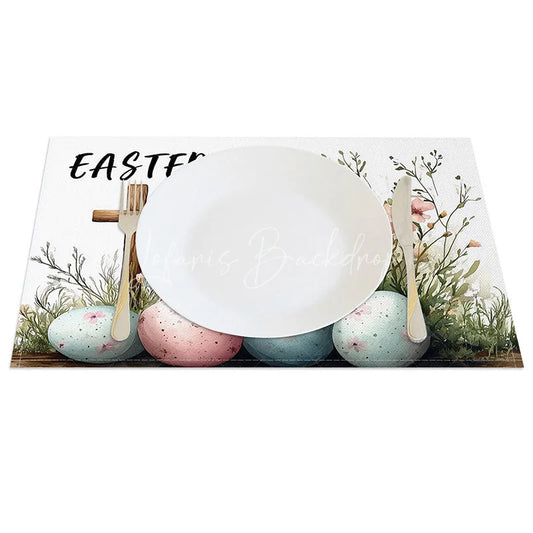 Lofaris Happy Easter Cross Set of 4 Placemats Pink Floral Speckled Eggs Table Mats Religious Spring Holiday Kitchen Decor