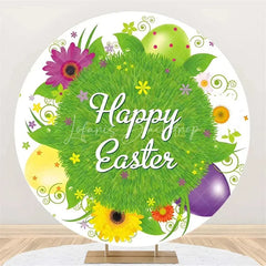 Lofaris Happy Easter Round Backdrop Colorful Egg Twig Wreath Cover Spring Floral Circle Background