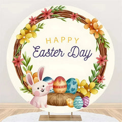Lofaris Happy Easter Round Backdrop Colorful Egg Twig Wreath Cover Spring Floral Circle Background