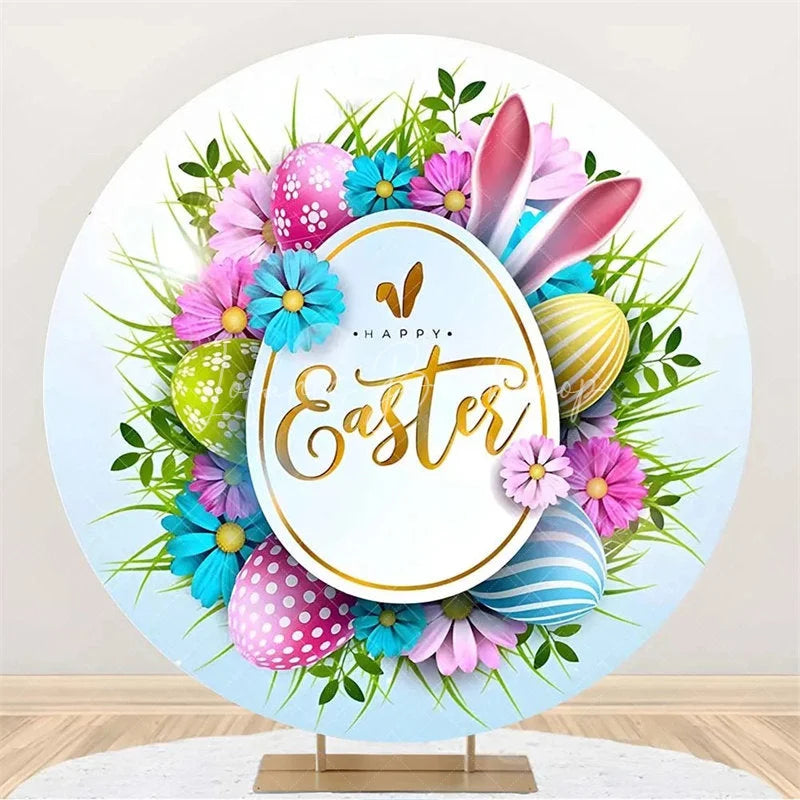 Lofaris Happy Easter Round Backdrop Colorful Egg Twig Wreath Cover Spring Floral Circle Background