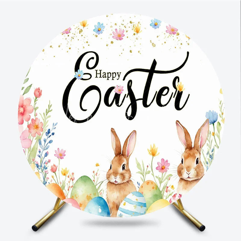 Lofaris Happy Easter Round Backdrop Watercolor Bunny and Spring Eggs Party Photography Background