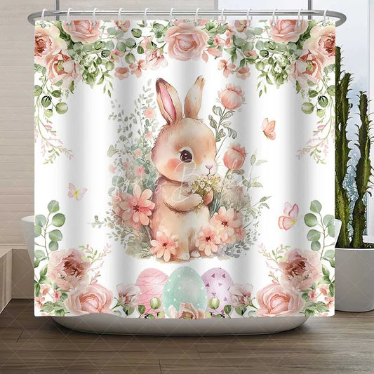 Lofaris Happy Easter Shower Curtain Cute Watercolor Bunny Pink Rose Bathroom Decoration Spring Floral Rabbit Egg Bath Set