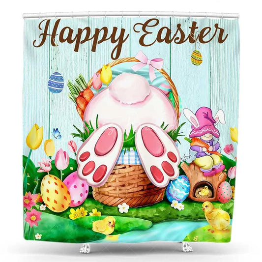 (7 Day Delivery) Lofaris Happy Easter Shower Curtain, Funny Bunny Butt Basket Gnome Bathroom Decoration, Rustic Wood Spring Holiday Bath Set