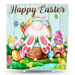 (7 Day Delivery) Lofaris Happy Easter Shower Curtain, Funny Bunny Butt Basket Gnome Bathroom Decoration, Rustic Wood Spring Holiday Bath Set