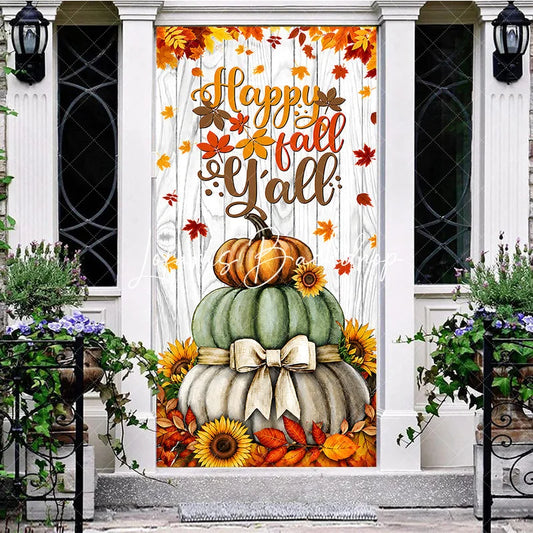 Lofaris Happy Fall Y’all Stacked Pumpkins and Sunflowers Door Cover Rustic Autumn Thanksgiving Decor