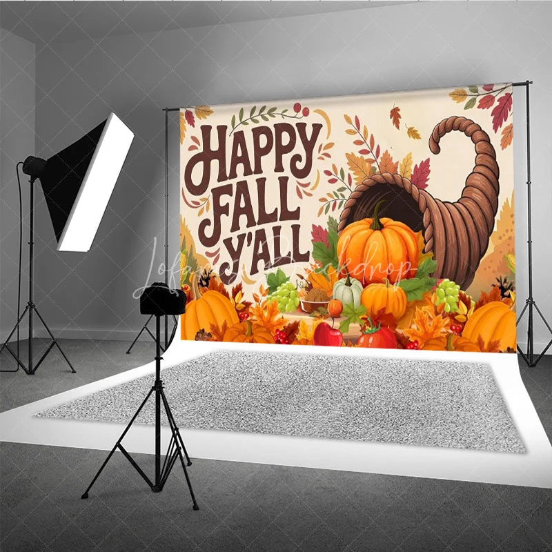 Lofaris Happy Fall Y’all Backdrop for Thanksgiving Autumn Harvest Cornucopia with Pumpkins Rustic Farmhouse Decor