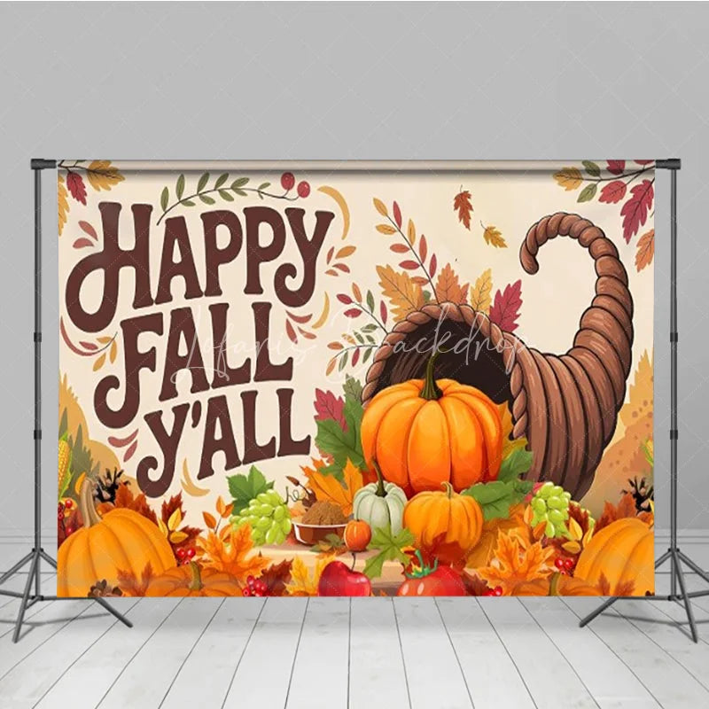 Lofaris Happy Fall Y’all Backdrop for Thanksgiving Autumn Harvest Cornucopia with Pumpkins Rustic Farmhouse Decor