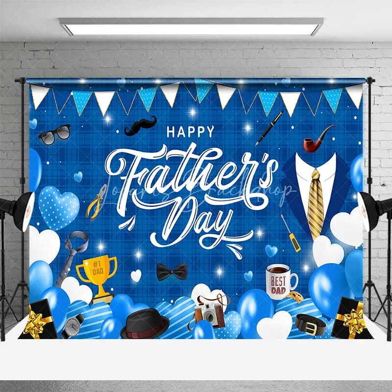 Lofaris Happy Fathers Day Backdrop Blue Plaid and Masculine Elements Background Best Dad Trophy Tools Party Banner