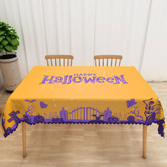 Lofaris Happy Halloween Rectangle Tablecloth in Yellow and Purple for Fun Colorful Kids Spooky Party Decor