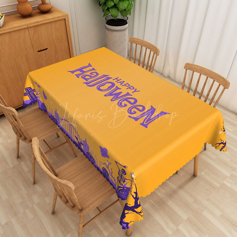 Lofaris Happy Halloween Rectangle Tablecloth in Yellow and Purple for Fun Colorful Kids Spooky Party Decor
