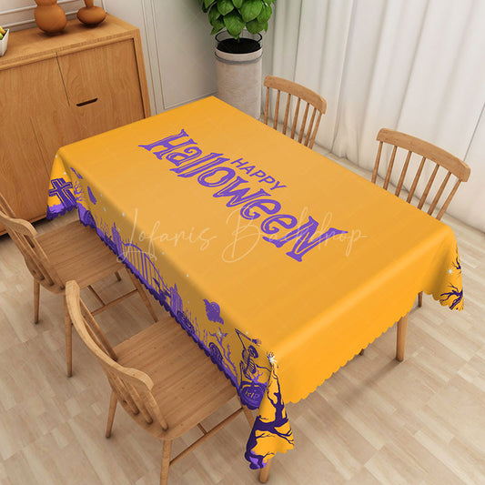 Lofaris Happy Halloween Rectangle Tablecloth in Yellow and Purple for Fun Colorful Kids Spooky Party Decor