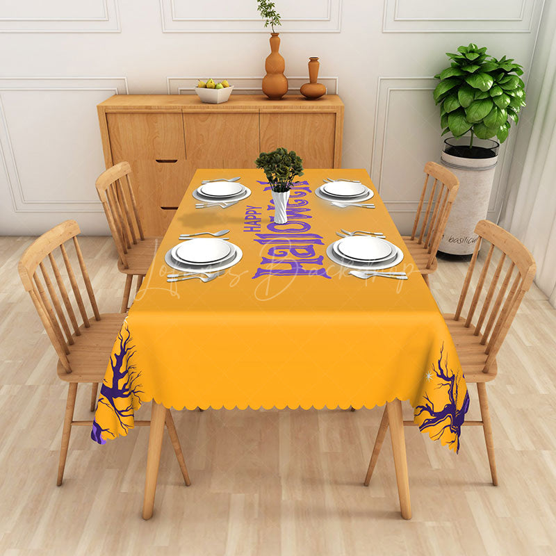 Lofaris Happy Halloween Rectangle Tablecloth in Yellow and Purple for Fun Colorful Kids Spooky Party Decor