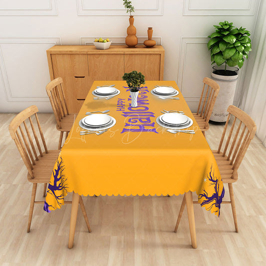 Lofaris Happy Halloween Rectangle Tablecloth in Yellow and Purple for Fun Colorful Kids Spooky Party Decor