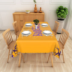 Lofaris Happy Halloween Rectangle Tablecloth in Yellow and Purple for Fun Colorful Kids Spooky Party Decor