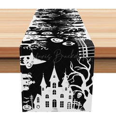 Lofaris Happy Halloween Table Runner with Black and White Haunted Manor for Gothic Spooky Party Decor