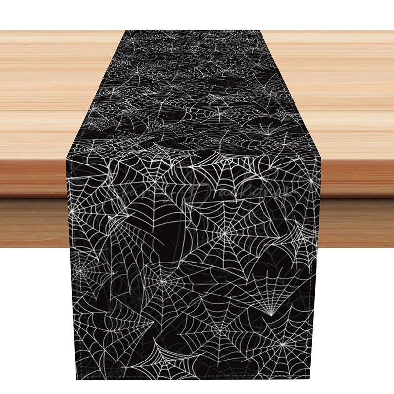Lofaris Happy Halloween Table Runner with Black and White Spider Web for Spooky Gothic Party Decorations