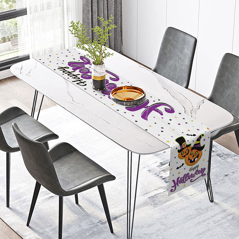Lofaris Happy Halloween Table Runner with Purple Pumpkin and Witch Hats for Spooky Fun Party Decor