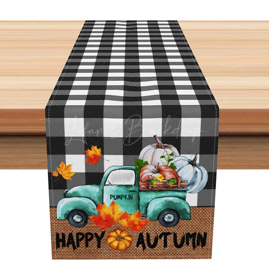 Lofaris Happy Harvest Autumn Table Runner Vintage Truck with Pumpkins on Plaid Rustic Farmhouse Thanksgiving Decor