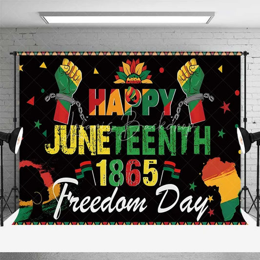 Lofaris Happy Juneteenth 1865 Freedom Day Backdrop Shackled Fists and Africa Map Background Black History Party Banner