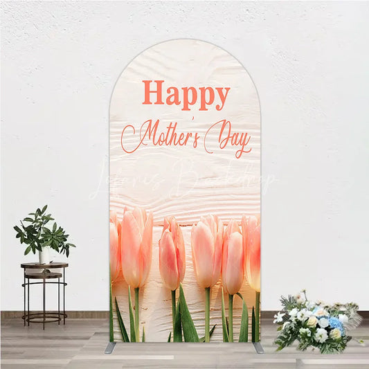 Lofaris Happy Mother’s Day Pink Tulips and White Wood Round Top Arch Backdrop Elegant Floral Celebration Decor