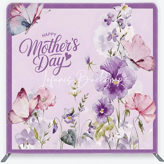 Lofaris Happy Mother’s Day Purple Floral Square Double-Sided Backdrop Watercolor Butterflies and Elegant Flowers