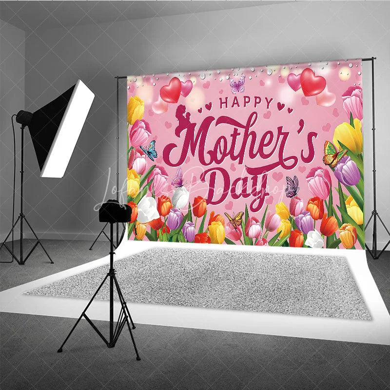 Lofaris Happy Mother’s Day Backdrop Pink Tulips and Butterflies Floral Celebration Photo Background