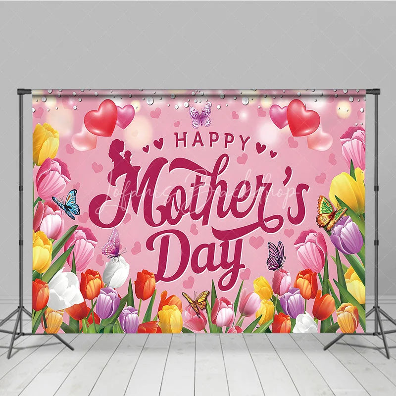 Lofaris Happy Mother’s Day Backdrop Pink Tulips and Butterflies Floral Celebration Photo Background