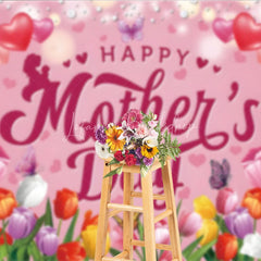 Lofaris Happy Mother’s Day Backdrop Pink Tulips and Butterflies Floral Celebration Photo Background