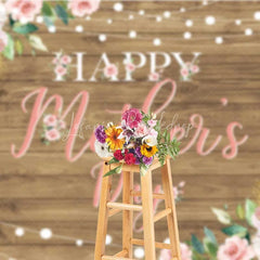 Lofaris Happy Mothers Day Backdrop Rustic Wood and Pink Roses Photography Background Floral String Lights Party Banner