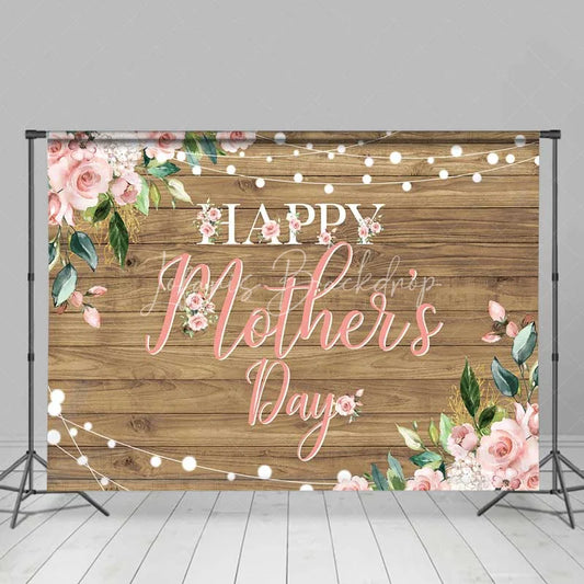 Lofaris Happy Mothers Day Backdrop Rustic Wood and Pink Roses Photography Background Floral String Lights Party Banner