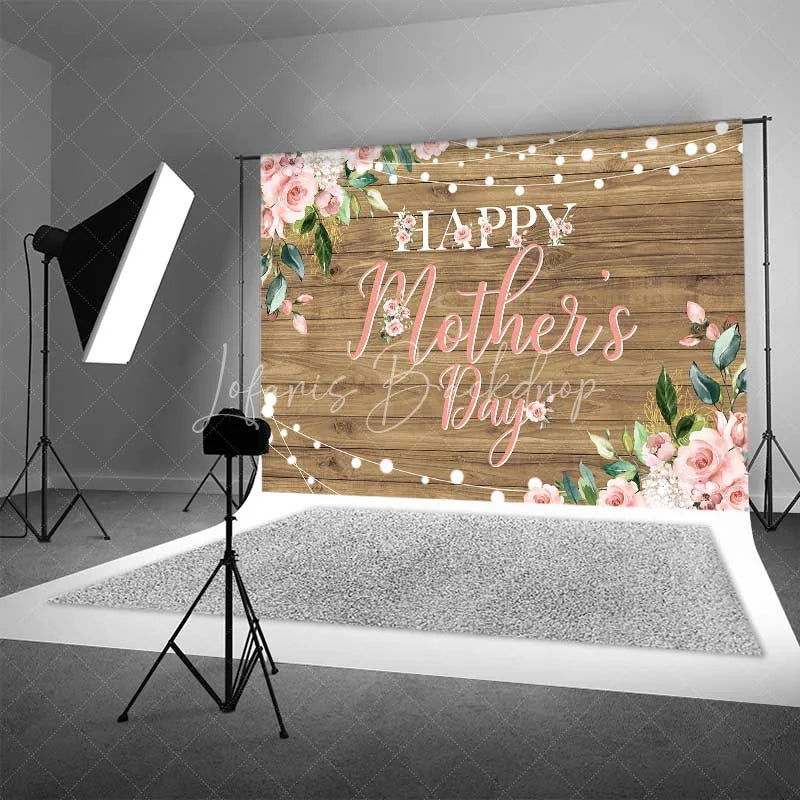 Lofaris Happy Mothers Day Backdrop Rustic Wood and Pink Roses Photography Background Floral String Lights Party Banner