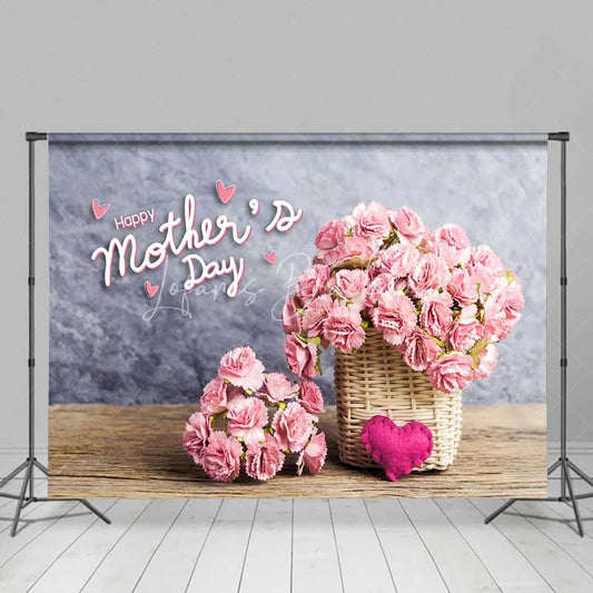 Lofaris Happy Mother’s Day Pink Carnations Basket Combo Set Backdrop Rustic Wood Floor Gray Wall for Celebration
