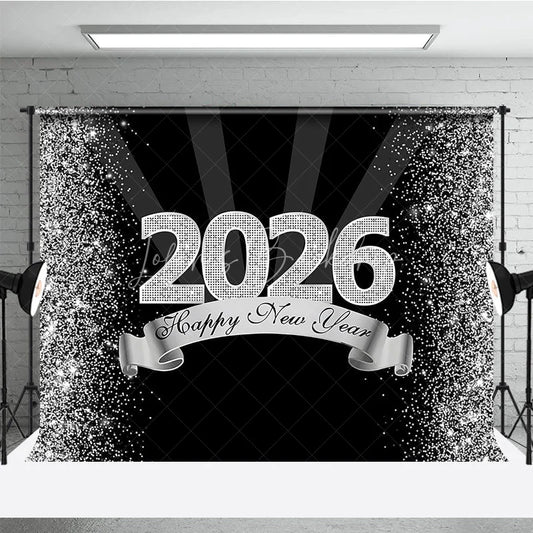 Lofaris Happy New Year 2026 Backdrop in Black and Silver Glitter Elegant Diamond Themed NYE Party Spotlight Decor