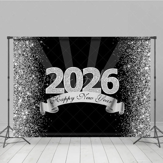 Lofaris Happy New Year 2026 Backdrop in Black and Silver Glitter Elegant Diamond Themed NYE Party Spotlight Decor