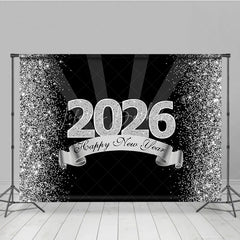 Lofaris Happy New Year 2026 Backdrop in Black and Silver Glitter Elegant Diamond Themed NYE Party Spotlight Decor