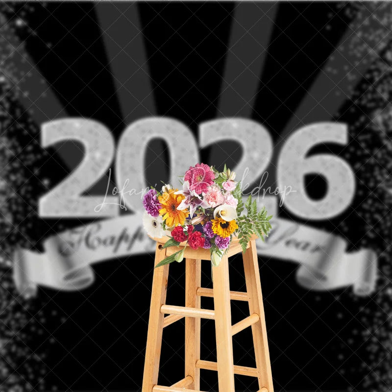 Lofaris Happy New Year 2026 Backdrop in Black and Silver Glitter Elegant Diamond Themed NYE Party Spotlight Decor