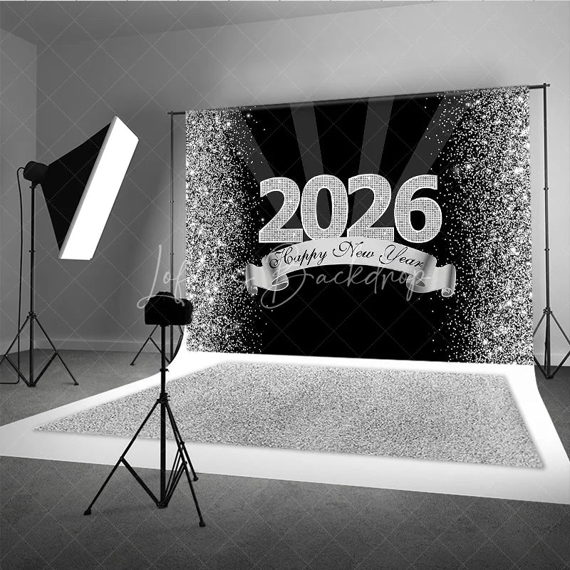 Lofaris Happy New Year 2026 Backdrop in Black and Silver Glitter Elegant Diamond Themed NYE Party Spotlight Decor