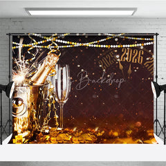 Lofaris Happy New Year 2026 Backdrop with Countdown Clock Champagne and Sparkler Black Gold NYE Party Decor