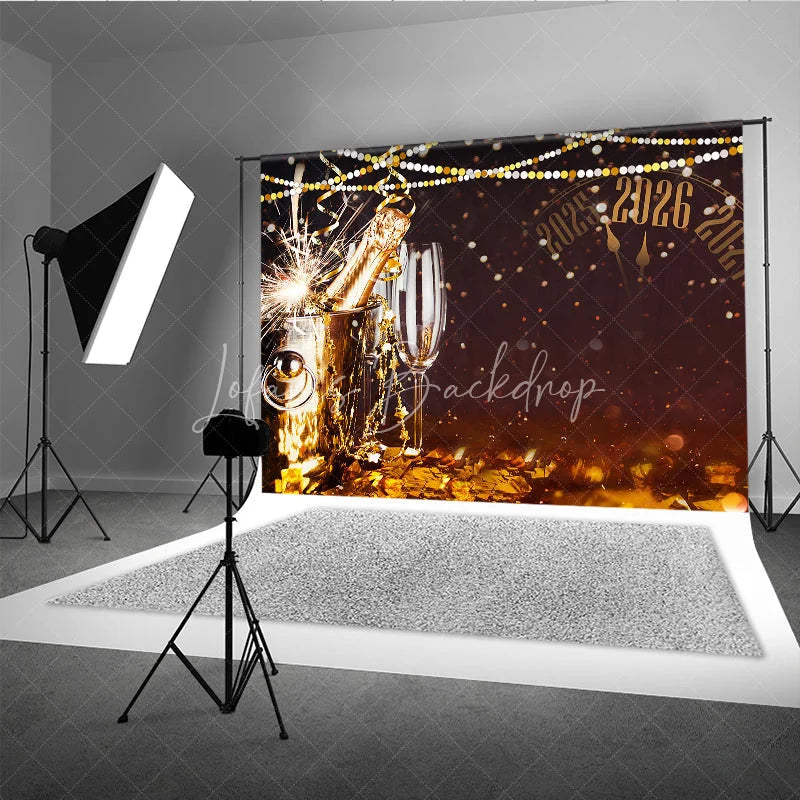 Lofaris Happy New Year 2026 Backdrop with Countdown Clock Champagne and Sparkler Black Gold NYE Party Decor