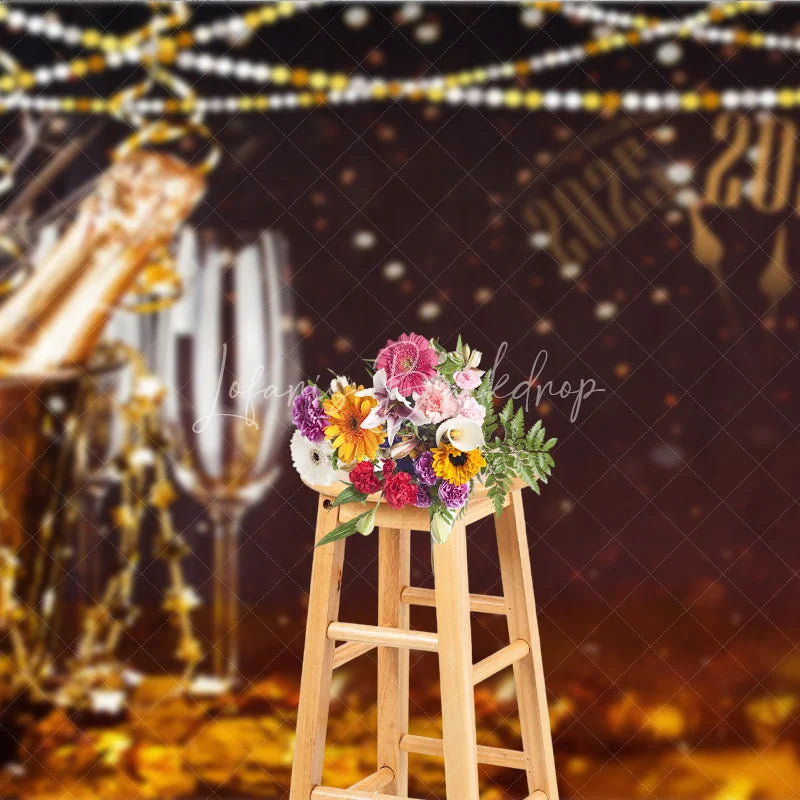 Lofaris Happy New Year 2026 Backdrop with Countdown Clock Champagne and Sparkler Black Gold NYE Party Decor