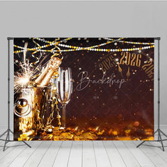 Lofaris Happy New Year 2026 Backdrop with Countdown Clock Champagne and Sparkler Black Gold NYE Party Decor